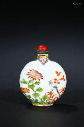 A BRONZE 'FLOWER AND BIRD' ENAMEL SNUFF BOTTLE