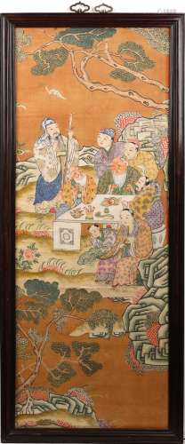 A SILK EMBROIDERED 'THREE STARTS' HANGING PANEL
