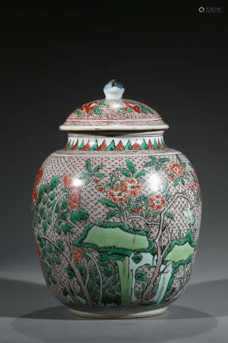 A FAMILLE VERTE 'FLOWER' OVOID JAR AND COVER