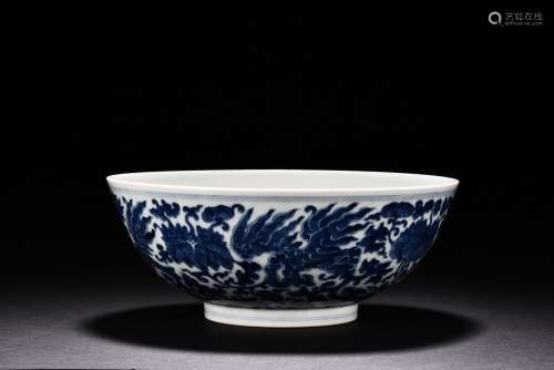 A BLUE AND WHITE GLAZED 'LOTUS AND PHOENIX' BOWL