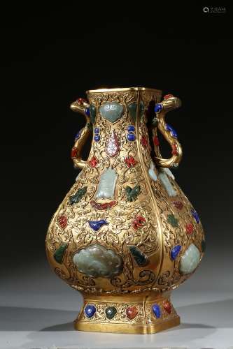 A FINE GILT BRONZE GEMS EMBELLISHED HU VASE