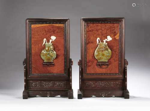 A PAIR OF ROSEWOOD JADE INLAID SCREEN PANELS