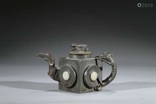 A BRONZE JADE INLAID TEAPOT AND COVER