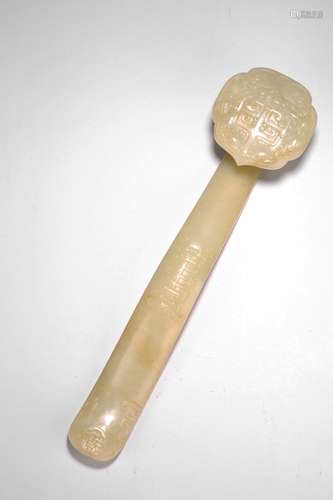 A LARGE WHITE JADE AUSPICIOUS 'SHOU' RUYI SCEPTER