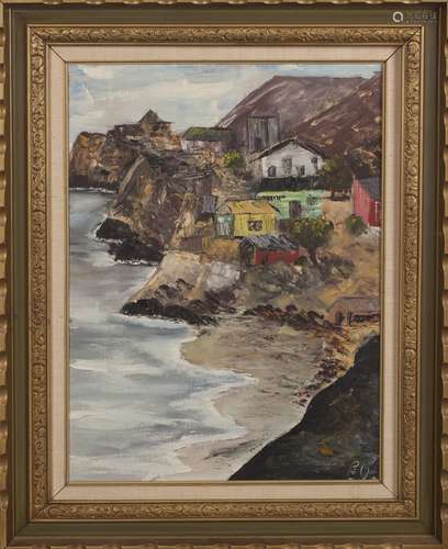 AN OIL ON CANVAS 'SEA-SIDE VILLAGE' PAINTING