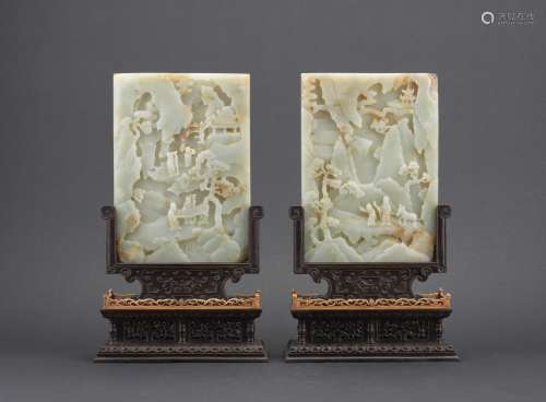 A PAIR OF WHITE JADE 'LANDSCAPE' RECTANGULAR TABLE SCREENS