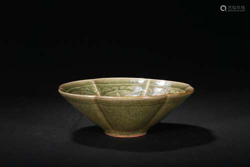 A HEXAGONAL CELADON 'FLORAL SCROLLING' BOWL