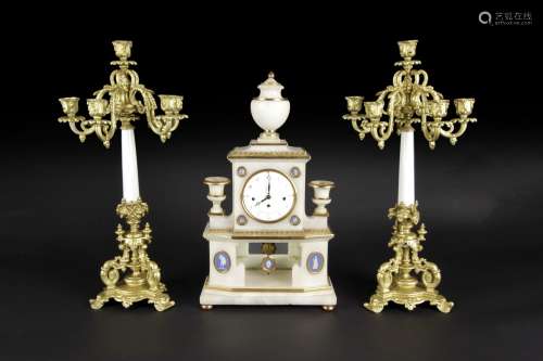 A SET OF FRENCH WHITE MARBLE AND GILT BRONZE GARNITURE