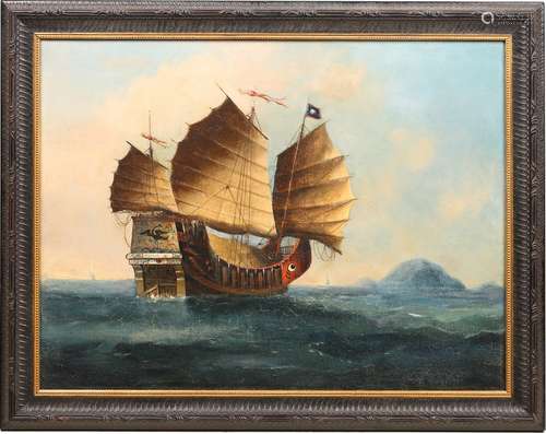 A CHINESE OIL ON CANVAS TRADE 'BOAT' PAINTING