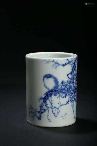 A BLUE AND WHITE 'FLOWER AND BIRD' BRUSH POT