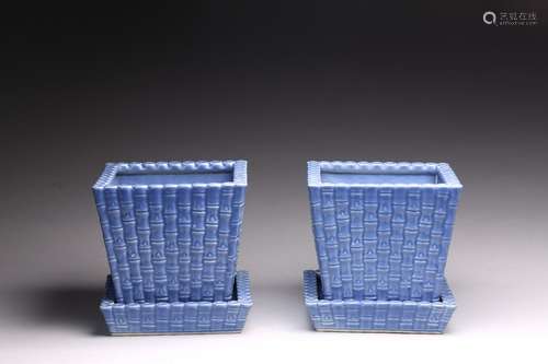 A PAIR OF BLUE GLAZED SQUARE FLOWERPOTS