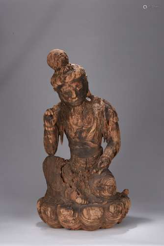 A LARGE WOOD CARVED FIGURE OF BODHISATTVA