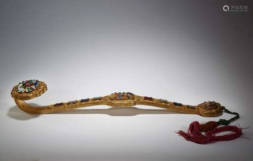 A GILT-BRONZE GEMS MOTHER-OF-PEARL INLAID RUYI SCEPTER