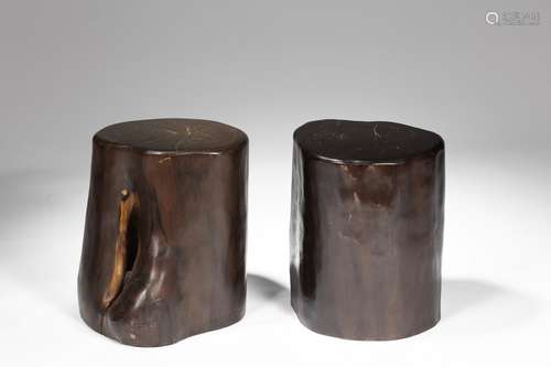 A PAIR OF LARGE UNCARVED ZITAN STUMP STOOLS