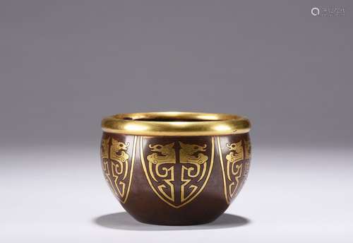 A GOLD-INLAID BRONZE 'DRAGON' BOWL