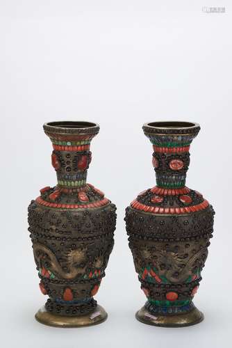 A PAIR OF BRONZE 'DRAGON' GEMS-INLAID VASES