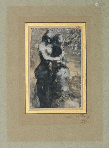 Mère et enfant drawing: 10.3 x 6.6cm (4 1/16 x 2 5/8in).; artist's mount: 21.3 x 17.4cm (8 3/8 x 6 7/8in).  AUGUSTE RODIN(1840-1917)