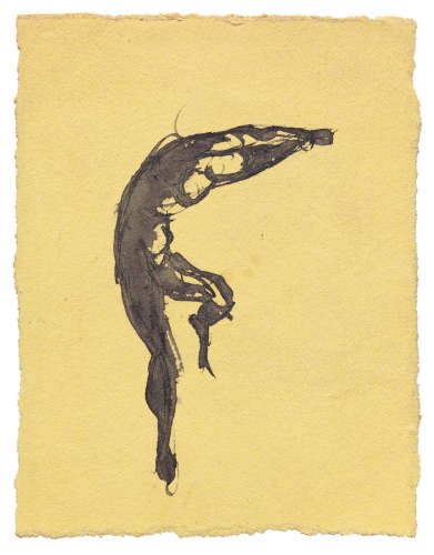 Danseur courbé vers la droite, un pied en l'air et les bras joints au-dessus de la tête - étude de patineur sur glace? drawing: 6.8 x 5.3cm (2 11/16 x 2 1/16in).; artist's mount: 8.2 x 10.7cm (3 1/4 x 4 3/16in). AUGUSTE RODIN(1840-1917)