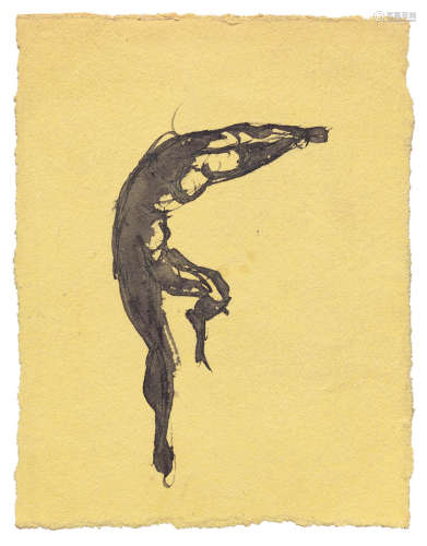 Danseur courbé vers la droite, un pied en l'air et les bras joints au-dessus de la tête - étude de patineur sur glace? drawing: 6.8 x 5.3cm (2 11/16 x 2 1/16in).; artist's mount: 8.2 x 10.7cm (3 1/4 x 4 3/16in). AUGUSTE RODIN(1840-1917)