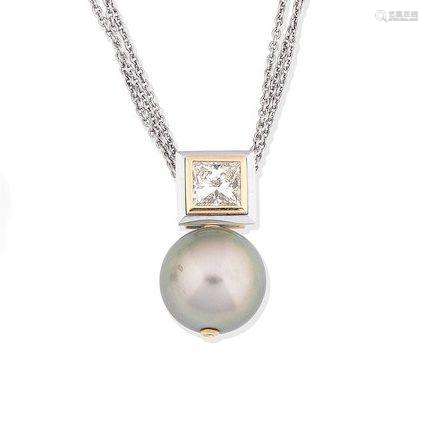 A cultured pearl and diamond pendant necklace