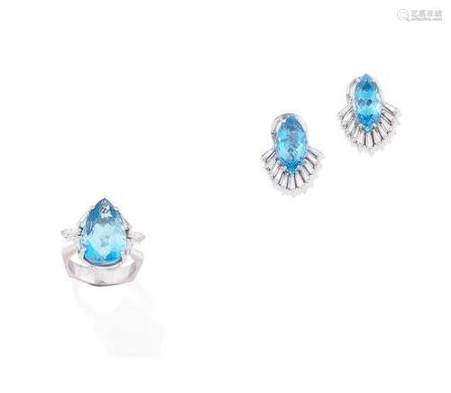 (2) An aquamarine and diamond ring and a pair of aquamarine and diamond earclips, circa 1965