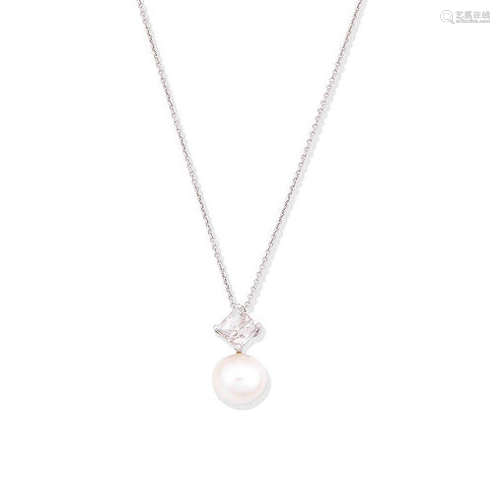 A diamond and cultured pearl pendant necklace