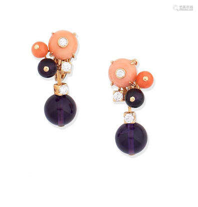 A pair of amethyst, coral and diamond 'Delices de Goa' pendent earrings, by Cartier