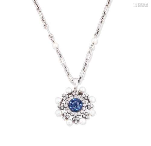 A sapphire, pearl and diamond pendant necklace