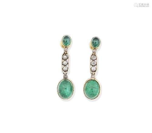 A pair of emerald and diamond pendent earrings