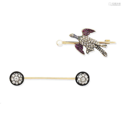 (2) A diamond and enamel jabot pin, circa 1910, and a pearl and gem-set bird brooch