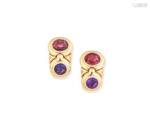 A pair of amethyst and tourmaline earclips, by Bulgari