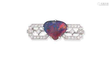 A black opal and diamond brooch, circa 1920