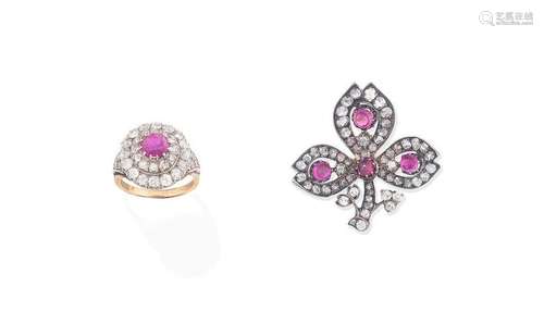 (2) A ruby and diamond brooch, circa 1890, and a ruby and diamond cluster ring