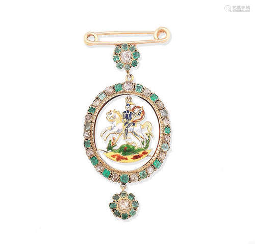 A late 19th century enamel, emerald and diamond brooch/pendant