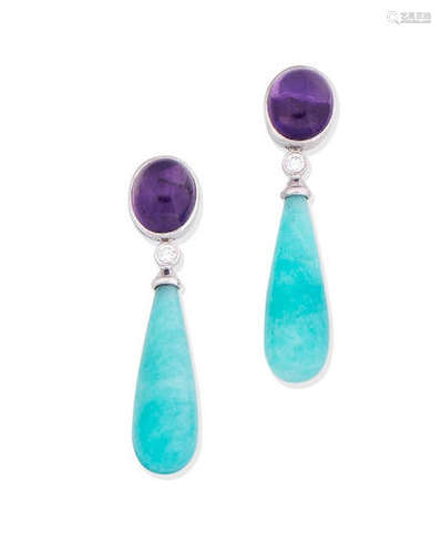 A pair of amazonite and amethyst earrings