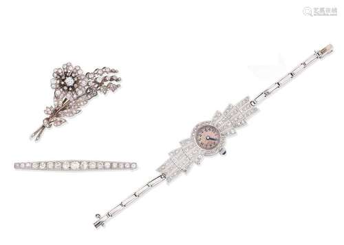 (3) A diamond flower brooch, circa 1890, an early 20th century diamond bar brooch and a diamond cocktail watch, circa 1930