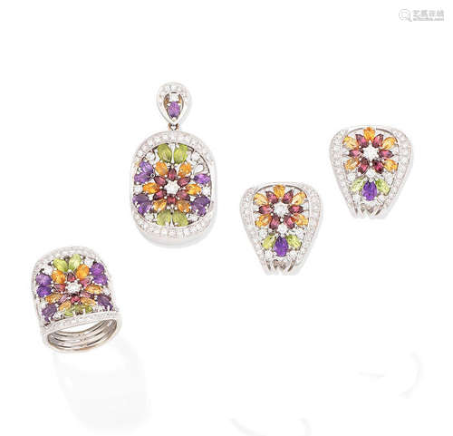 (3) A gem-set pendant, earring and ring suite