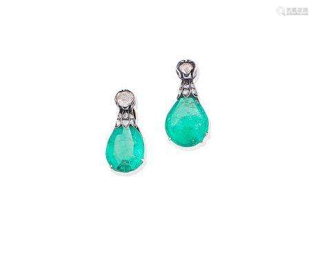 A pair of emerald and diamond pendent earrings