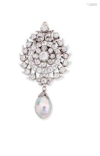 A natural pearl and diamond brooch/pendant