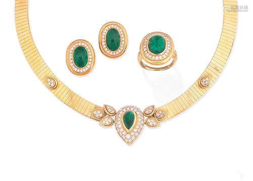 (3) An emerald and diamond collar and an emerald and diamond ring and earring suite