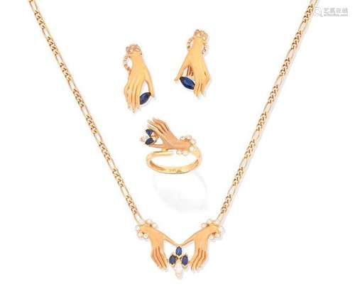 (3) A sapphire and diamond ring, necklace and earring suite, by Carrera y Carrera