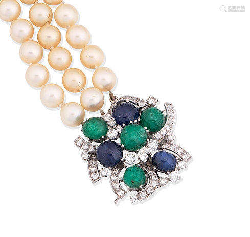 A gem-set, diamond and imitation pearl necklace