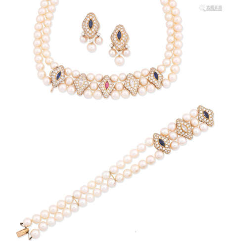 (3) A ruby, sapphire, diamond and cultured pearl collar, bracelet and earring suite, retailed by David Morris