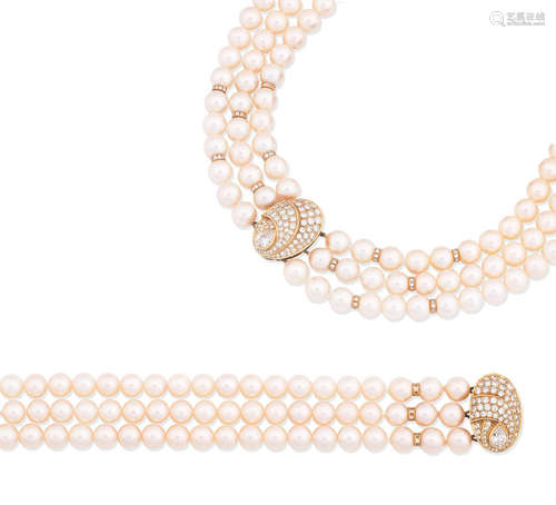 (2) A cultured pearl and diamond necklace and bracelet suite, retailed by David Morris