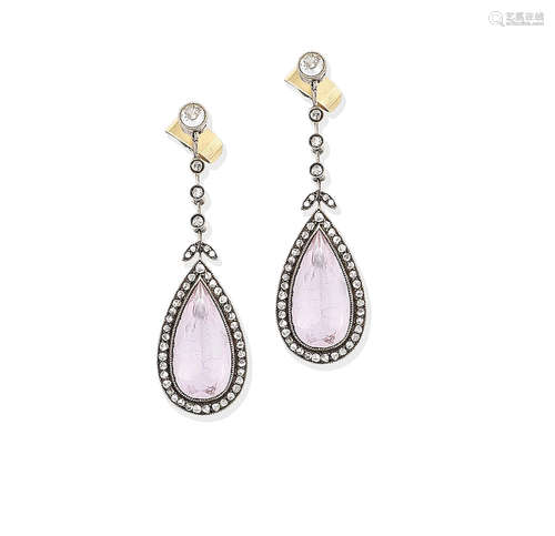 A pair of morganite and diamond pendent earrings