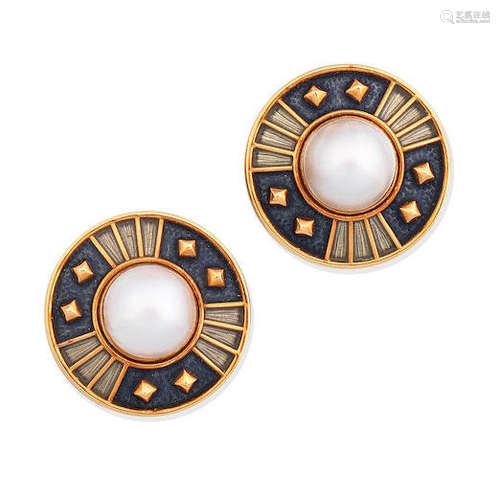 A pair of enamel and cultured mabé pearl earclips, by de Vroomen