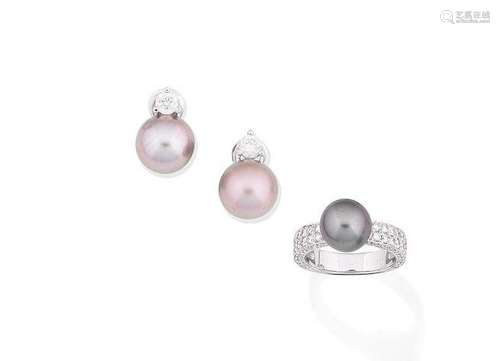 (2) A cultured pearl and diamond ring, by Schoeffel, and a pair of cultured pearl and diamond earclips