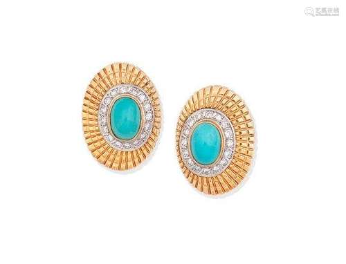 A pair of turquoise and diamond earclips, circa 1970