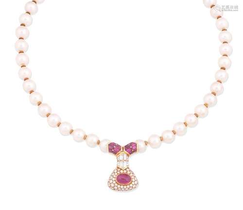 A cultured pearl, ruby and diamond pendant necklace