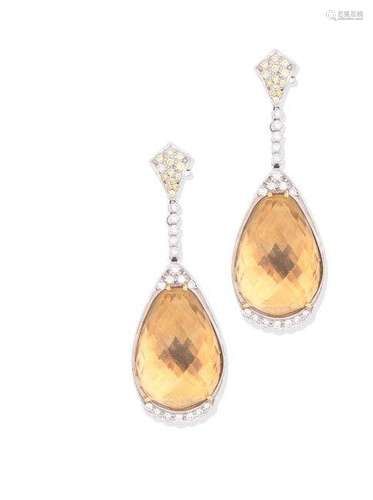 A pair of citrine and diamond pendent earrings, by Geoffrey Rowlandson